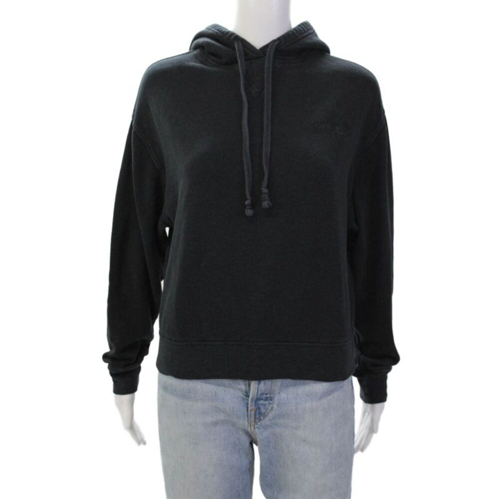 WSLY Womens Long Sleeve Logo Drawstring Hoodie Sweatshirt Black Cotton Size 2XS